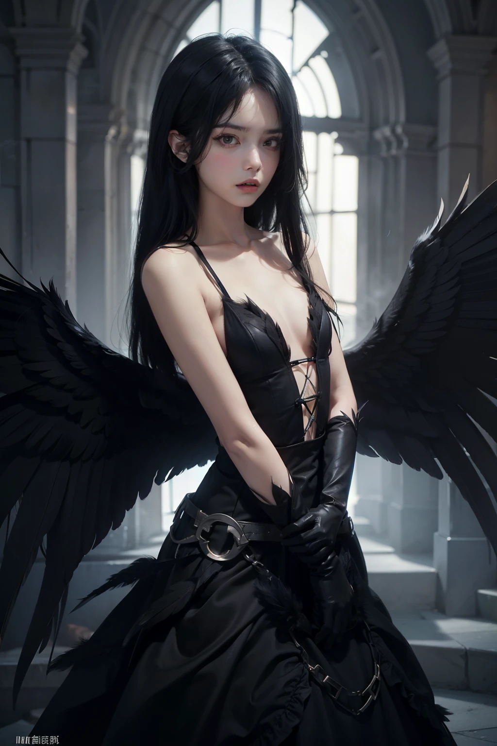 One women, Black Dress、Black gloves、fallen angel, black feathers, black feathered wings, angel wings, massive wings, Elbow Gloves,Small breasts, flat chest, long black hair,(Perfect hands),(Perfect Anatomy),(masterpiece),(highest quality), serious face, death stare.