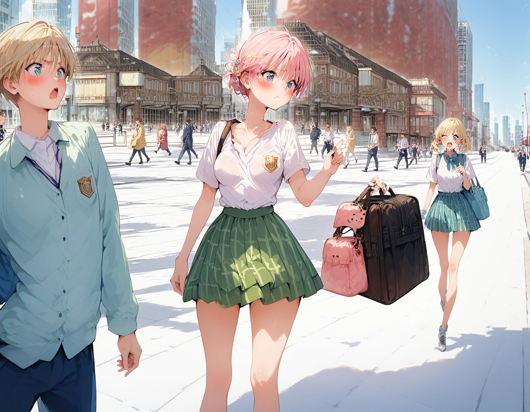 Main Street,Completely nakedの女の子が通行人に裸を見られている, blush, embarrassing expression, exhibitionist schoolgirl in the middle of a big city,In the middle of a big city,A large number of people々It has been sighted by,Completely naked,shame