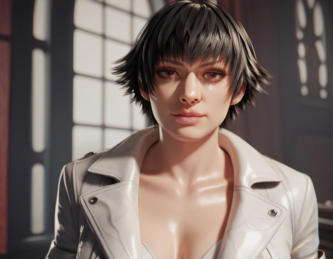 1 woman, lady (from devil may cry 5:1.1), detailed face, (white leather overcoat:1.2), black short hair, ((Best Quality))), (detailed), 8k,