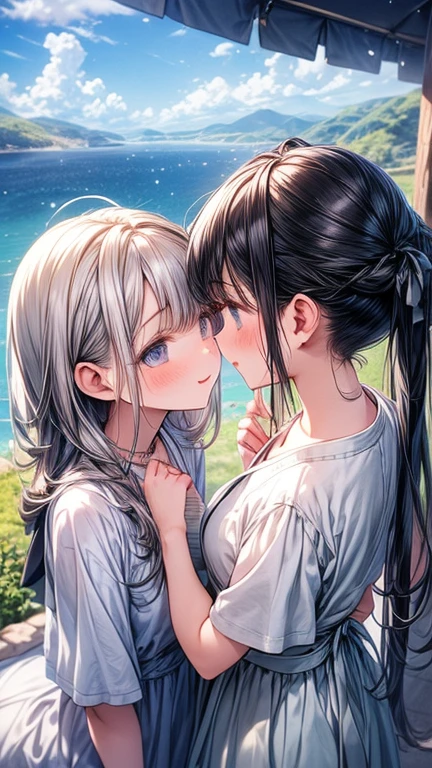 swf,<lora:yuzuriha_blush:1> (fullbulsh:1.5),blush,garden,maid,open mouth,side view,2woman,kiss,