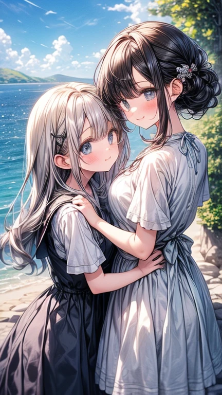 hyper quality, high resolution, intricate details, panorama, dutch angle, (2 s) wearing (white and black silk dress), silk texture dress, (white dress and black dress:1.2), (very large dress, best silk texture, best Wrinkles on dress), (yuri, lesbian), (deep kiss, hug:1.25), full body, Beautiful eyes, (Partial submerse:1.1),Partial dress in water, (Water sprayed, water column:1.1) (wet, very wet dress, wet body, wet long hair, wet sleeve, wet silk dress, wet skin:1.1), (Transparent mucus wrapping, water drop), submerse in water, Poignant and beautiful, Smile in despair, smile in sadness, closed mouth, (beautiful and detailed water:1.1), (dark dungeon, dark and damp water dungeon, enclosed space:1.15), (Cement walls), dark light, light source, (atmosphere of despair:1.15), (Water mist), inspired by the flower house Yiding's manga painting, Pixiv competition winner, ukiyo-e, ukiyo-e art style, ukiyo-e style, Japanese art style, Japanese illustrator,