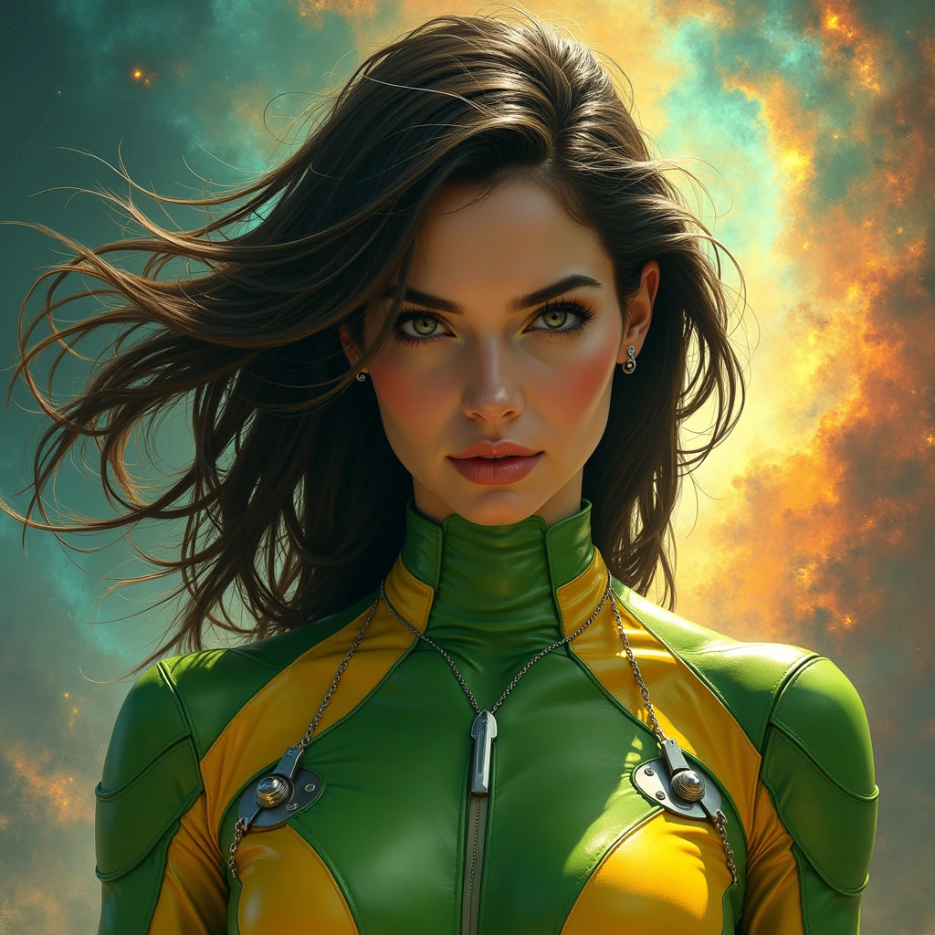 a close up of a woman in a green and yellow costume, heavy metal comic cover art, barbarella, ash thorp, official art, panoramic widescreen view, megadeth, matte coloring, 1970s, syndicate(2012), psionic, nebula, by Juan Giménez, 1 9 7 0 s  