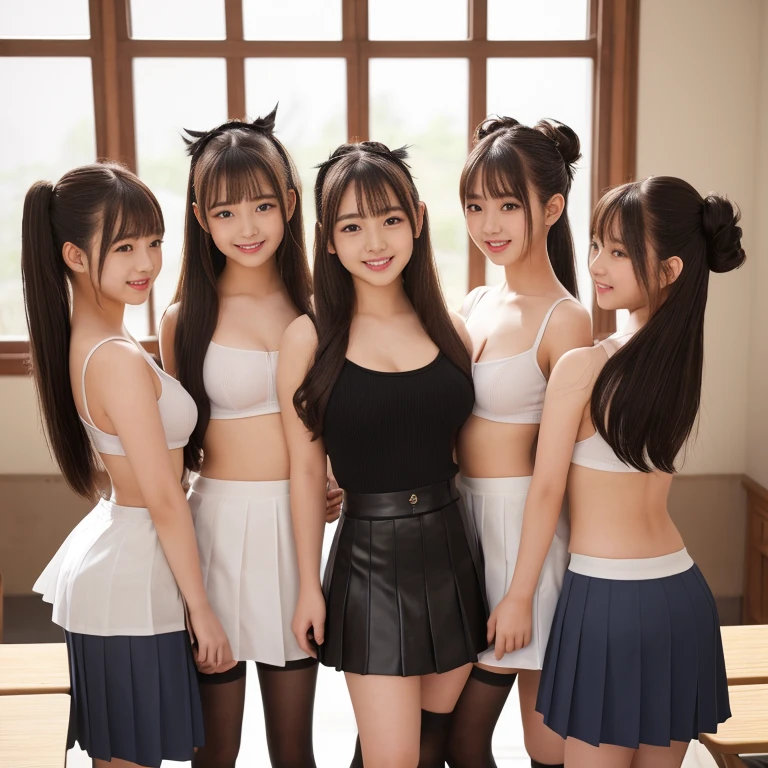 Enhanced dynamic perspective,cute cute beautiful girl、19 years old, teacher,(huge breasts:1.3), Big breasts, flowing sweat, narrow shoulders,((Mock neck top:1.3)), ((No sleeve))、(((shorts)))、spread legs:1.5, See through,look at me and smile,simple background,works of masters,high quality,4K resolution,super fine,detailed pubic hair,acura,cinematic lighting,Retains original facial proportions,masterpiece, 4k, (multiple girls, Harem, Group photo:1.4), beautiful high school girl, (japanese idol:1.6), Harem, (Cat ear:1.4), , sunset, station, close,