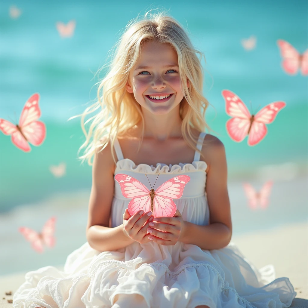 A young girl with brown hair in a blue dress, smiling and posing closely with a giant colorful butterfly, set in a whimsical garden