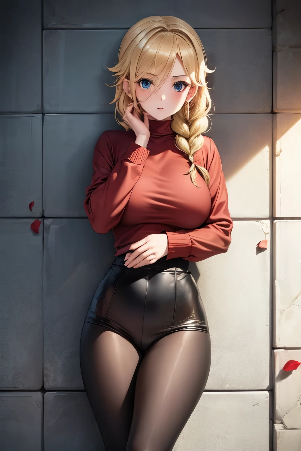 shy girl, mature woman, red eyes, hair up, sexy, medium breast, slender body, black leggins, red sweater, wall full of roses, roses, rose petals, , more_details:1.5,Eiko Tsukimi, blue eyes, braid, twin braid, (((blonde hair))), long hair,baseball cap,Eiko Tsukimi, blue eyes, braid, twin braid, blonde hair, long hair