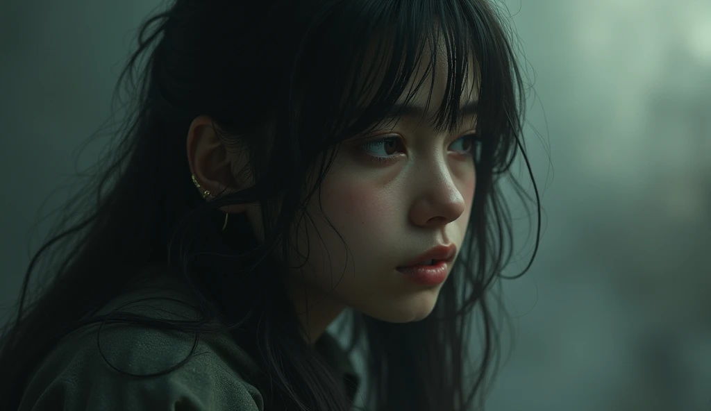 Young long black hair beauty、Ghostly pale skin、Thin white long sleeves that stick to the skin when wet、Old house in the background、Staring at me intently
