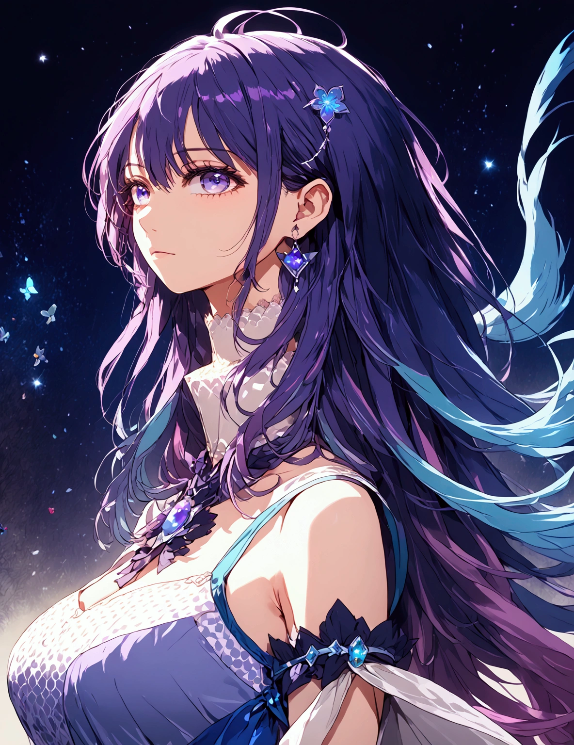 A beautiful anime girl with violet and dark blue hair, cosmic violet-blue eyes, delicate facial features, long eyelashes, hairstyle similar to image prompt, detailed portrait ,vivid colors,dramatic lighting,digital painting,fantasy art,cinematic lighting, big boobs