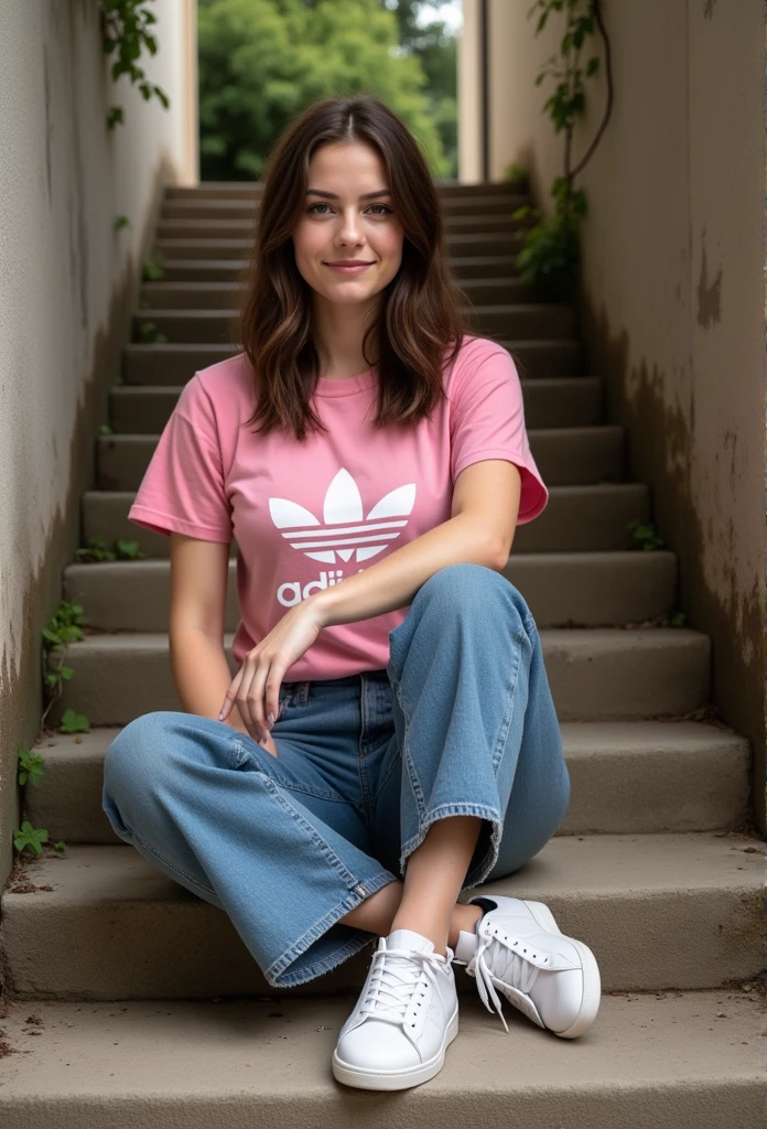 Isabella, 22 years old, with brown hair and white skin,  Isabella sitting on the floor posing in classic white Adidas sneakers ,  she is wearing wide jeans and a pink t-shirt with the Adidas logo in white , She has her legs together and a relaxed pose ,Smile at the camera,  the photograph is taken from ground level ,  the stage is a moldy cement staircase with high cement walls on both sides covered with vines. 