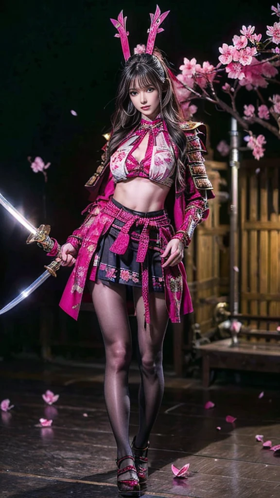  Sexy female character dressed as a warrior from the Sengoku period 、((toned body))、 Toned Body、 a sexy female character dressed as a warrior from the Sengoku period 、 The sakura-colored armor with a cherry blossom pattern engraved on it is a bikini type and is designed to accentuate chest exposure、 wearing a pink cloak 、 sakura-colored super miniskirt 、red high leg underwear、Sakura-colored tights 、 absolute domain、(full body)、 looking at the camera、 Strong yet elegant atmosphere 、She holds a sword with sharp eyes 、 facing the front、 that is still ready to take on the battle 、 The background is a battlefield with cherry blossoms scattered all over 、 she has plump breasts and plump thighs 、 Super high resolution and realistic touch 、 shiny armor and fabric texture 、 depicts dynamic poses in every detail 、