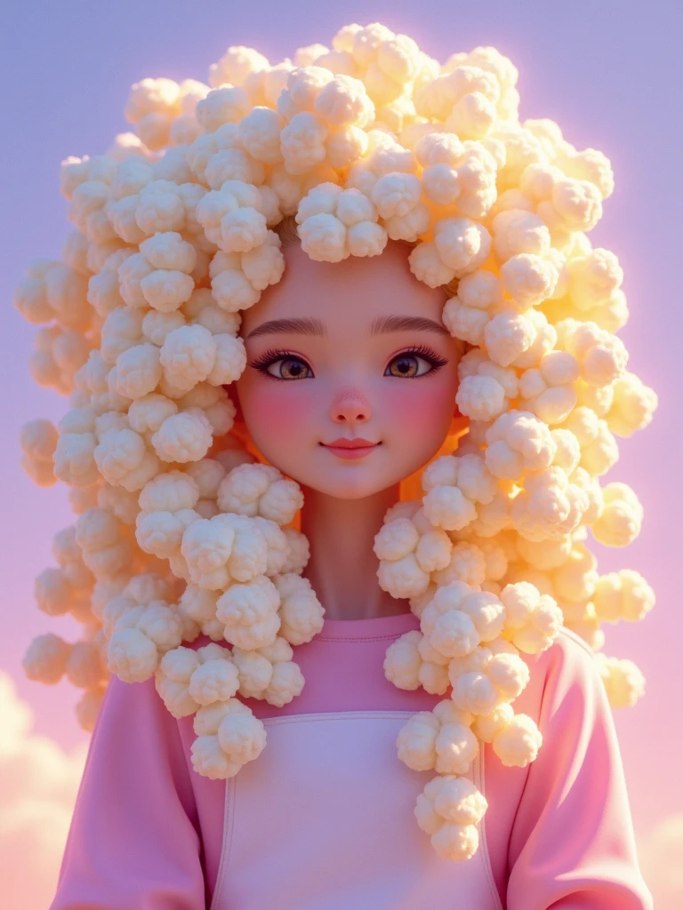 A hyperrealistic illustration featuring a girl with hair made entirely of fluffy, textured popcorn, creating a whimsical and playful effeet. Her hair cascades in vibrant, exaggerated waves, enhancing the surreal and imaginative quality of the scene. The background showcases a vaporwave theme, filled with soft pastel colors like blush pinks, lavender, and pale blues, contributing to the dreamlike atmosphere. The lighting is soft and ethereal, casting gentle shadows and highlights that accentuate the creamy textures of the popcorn hair. The girl's expression is joyful and carefree, inviting viewers to embrace the whimsicality of the artwork while harmonizing with the pastel vaporwave aesthetic. This captivating composition blends realism with fantasy in a visually stunning manner.