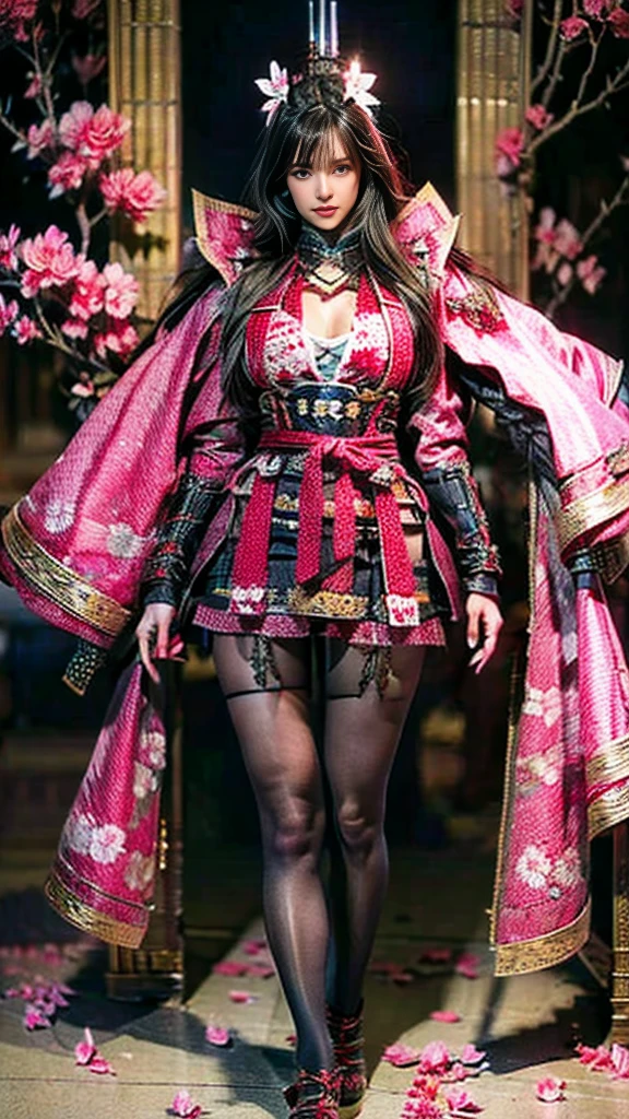  Sexy female character dressed as a warrior from the Sengoku period 、((toned body))、 Toned Body、 a sexy female character dressed as a warrior from the Sengoku period 、 The sakura-colored armor with a cherry blossom pattern engraved on it is a bikini type and is designed to accentuate chest exposure、 wearing a pink cloak 、 sakura-colored super miniskirt 、red high leg underwear、Sakura-colored tights 、 absolute domain、(full body)、 looking at the camera、 Strong yet elegant atmosphere 、She holds a sword with sharp eyes 、 facing the front、 that is still ready to take on the battle 、 The background is a battlefield with cherry blossoms scattered all over 、 she has plump breasts and plump thighs 、 Super high resolution and realistic touch 、 shiny armor and fabric texture 、 depicts dynamic poses in every detail 、