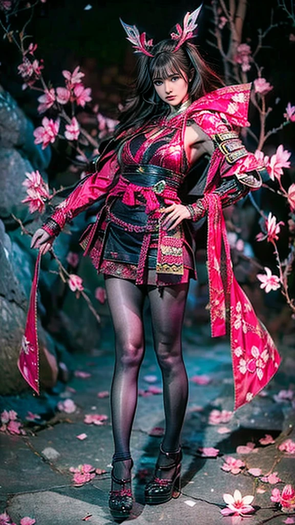  Sexy female character dressed as a warrior from the Sengoku period 、((toned body))、 Toned Body、 a sexy female character dressed as a warrior from the Sengoku period 、 The sakura-colored armor with a cherry blossom pattern engraved on it is a bikini type and is designed to accentuate chest exposure、 wearing a pink cloak 、 sakura-colored super miniskirt 、red high leg underwear、Sakura-colored tights 、 absolute domain、(full body)、 looking at the camera、 Strong yet elegant atmosphere 、She holds a sword with sharp eyes 、 facing the front、 that is still ready to take on the battle 、 The background is a battlefield with cherry blossoms scattered all over 、 she has plump breasts and plump thighs 、 Super high resolution and realistic touch 、 shiny armor and fabric texture 、 depicts dynamic poses in every detail 、