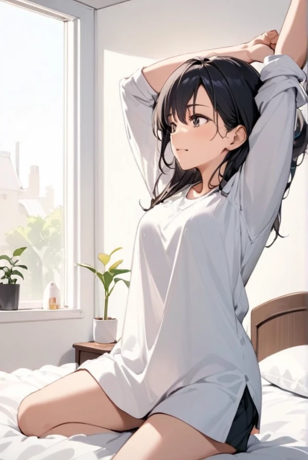 Black hair, waking up, bedroom, woman stretching after waking up