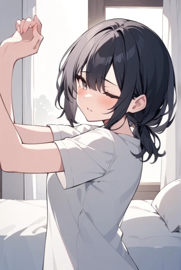 black hair, greeneyes, Caucasian skin, short curly hair, Small sleeve shirt, Right arm with a white sleeve, Thick sweatpants, アニメ, 8K, super detail