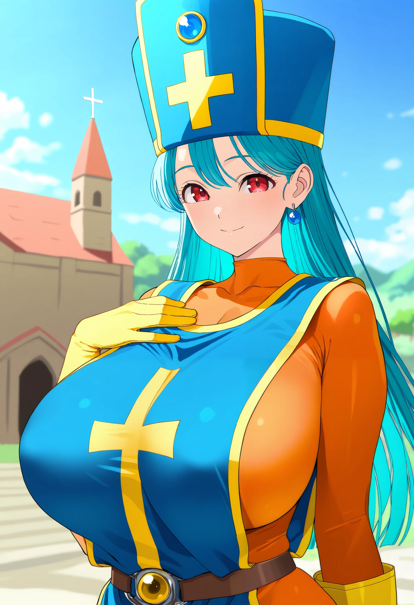 best quality, very aesthetic, absurdres, (RIN-SIN(artist):0.7), (hima(artist):0.3), (loliconder(artist):0.3), (yabuki kentarou(artist):0.3), solo, 1girl, priest (dq3), \(dragon quest iii\), huge breasts, red eyes, aqua hair, straight hair, tabard, cross print, orange bodysuit, yellow gloves, mitre, outdoors, church, looking at viewer, smile, closed mouth,upper body, hand on own chest 