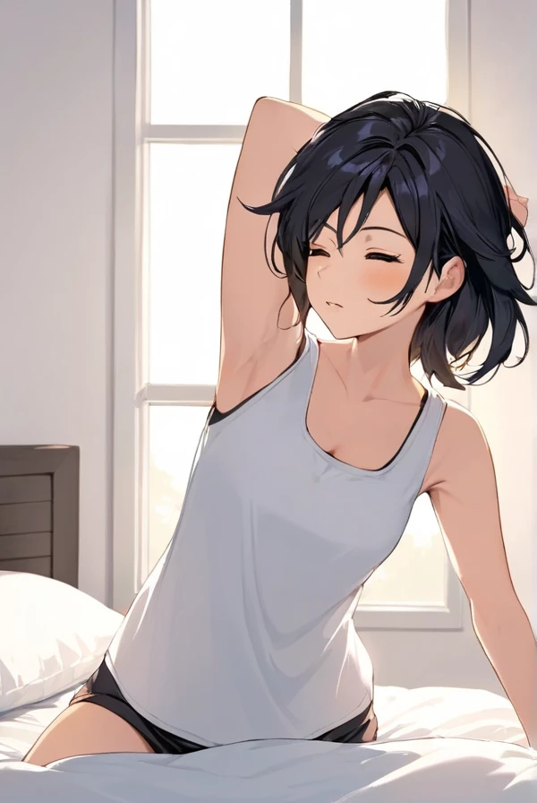 Black hair, waking up, bedroom, woman stretching after waking up