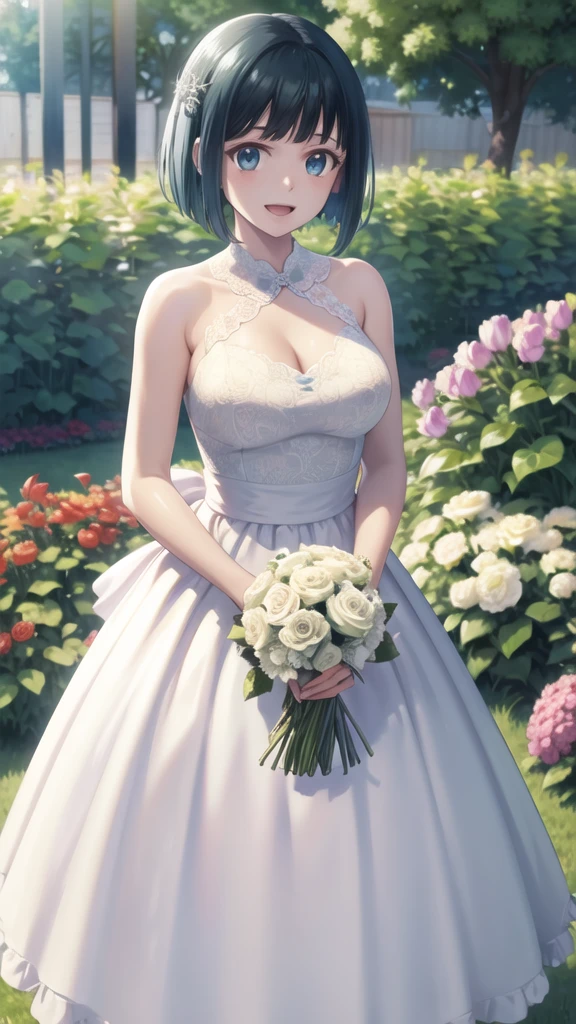 masterpiece, best quality, highres, 1girl, solo, short hair, green hair, bob cut, blue eyes, large breasts, wedding Dress, standing, garden, confetti, holding bouquet, smile, open mouth,