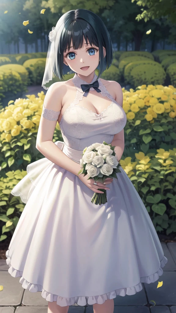 masterpiece, best quality, highres, 1girl, solo, short hair, green hair, bob cut, blue eyes, large breasts, wedding Dress, standing, garden, confetti, holding bouquet, smile, open mouth,