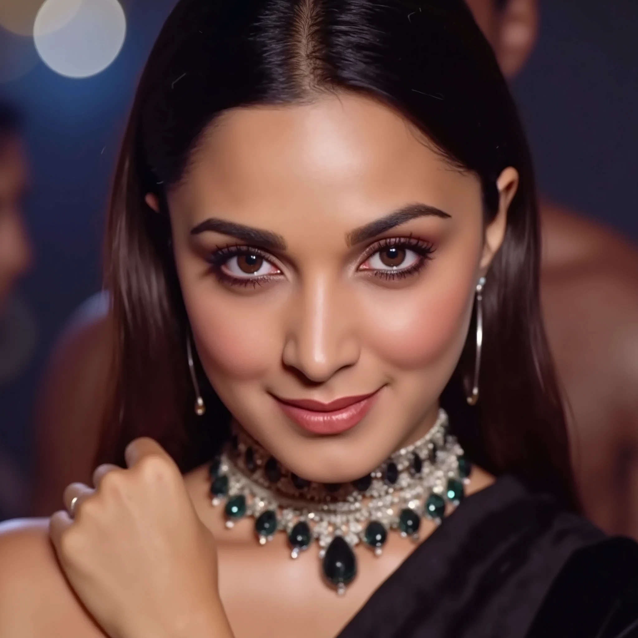 extreme close up High res waist up portrait photo of a woman directly facing the camera with eye-makeup featuring glittery eye-shadow and clear glossy lip-gloss. She is looking at the camera with a slight seductive look. She is wearing a thin string-like black choker and hoop earrings. In the background is a nightclub scene out of focus, 4K, HD