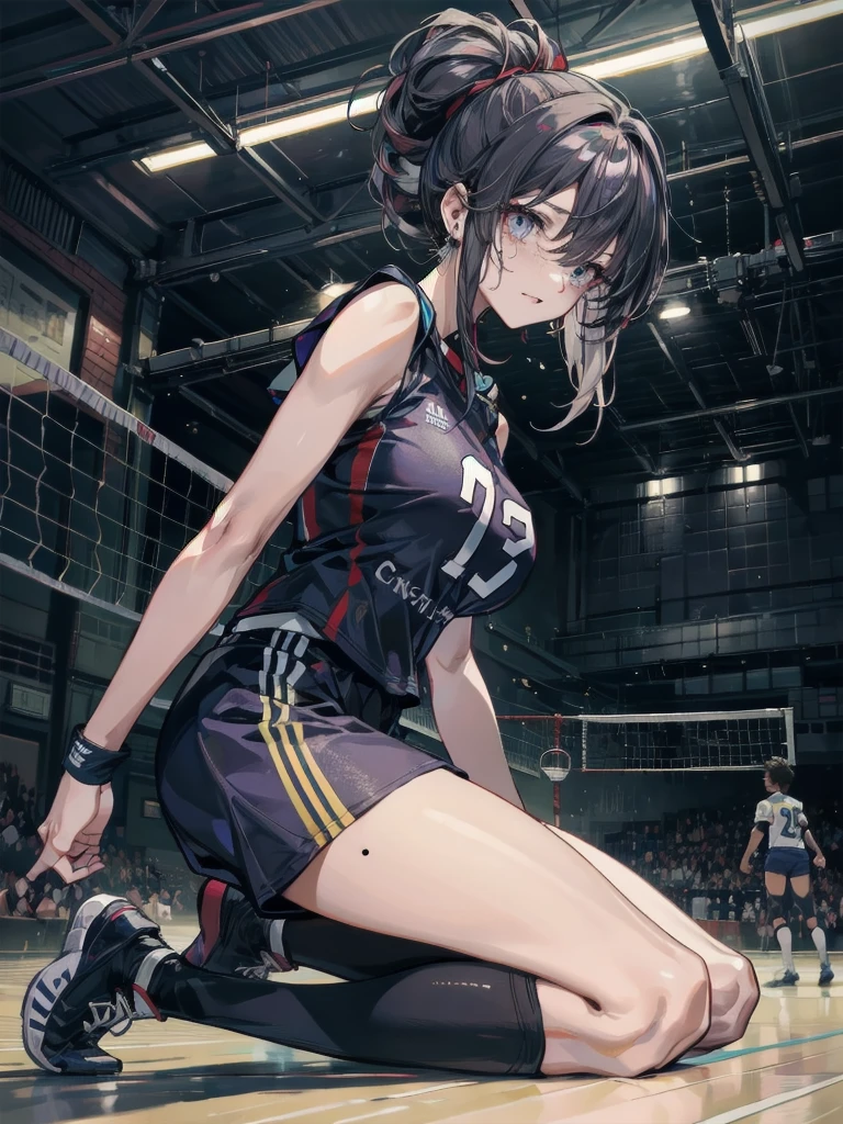 Jane doe, smirk, smile, character from game Zenless Zone Zero, playing volleyball on the beach, jumping to hit the ball, sexy framing, 18+.ur-trimmed jacket, green jacket, long sleeves, red necktie, high-waist black shorts, belt, fingerless gloves, single leg pantyhose, torn pantyhose, torn thighhighs, grey boots