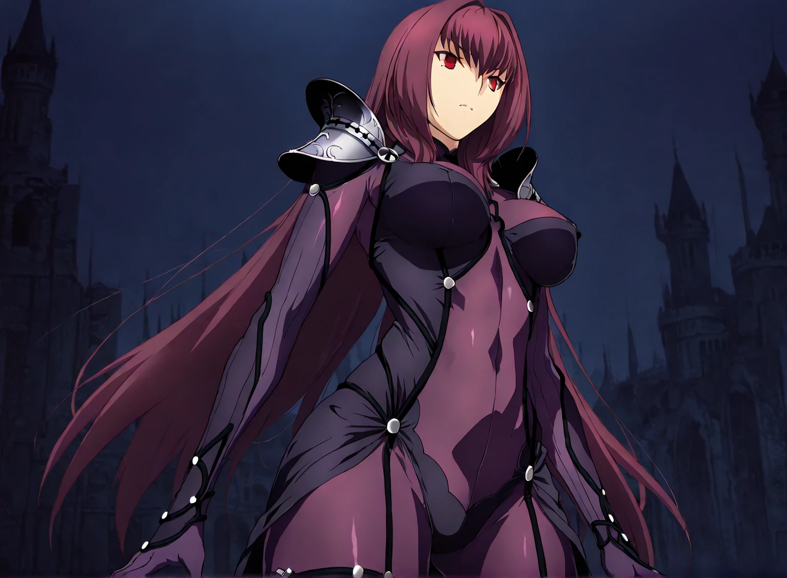 high resolution, masterpiece, necessary, detail, best quality, quality, necessary, tall details, High details, Precise, 

 1girl, alone, linda,  Costume, ufotable style, ufotable anime,

castle in ruins, dark,

Scathach, scathach Fate Grand Order, fate,  Fate Grand Order, long hair, tight suit red, eyes,  
