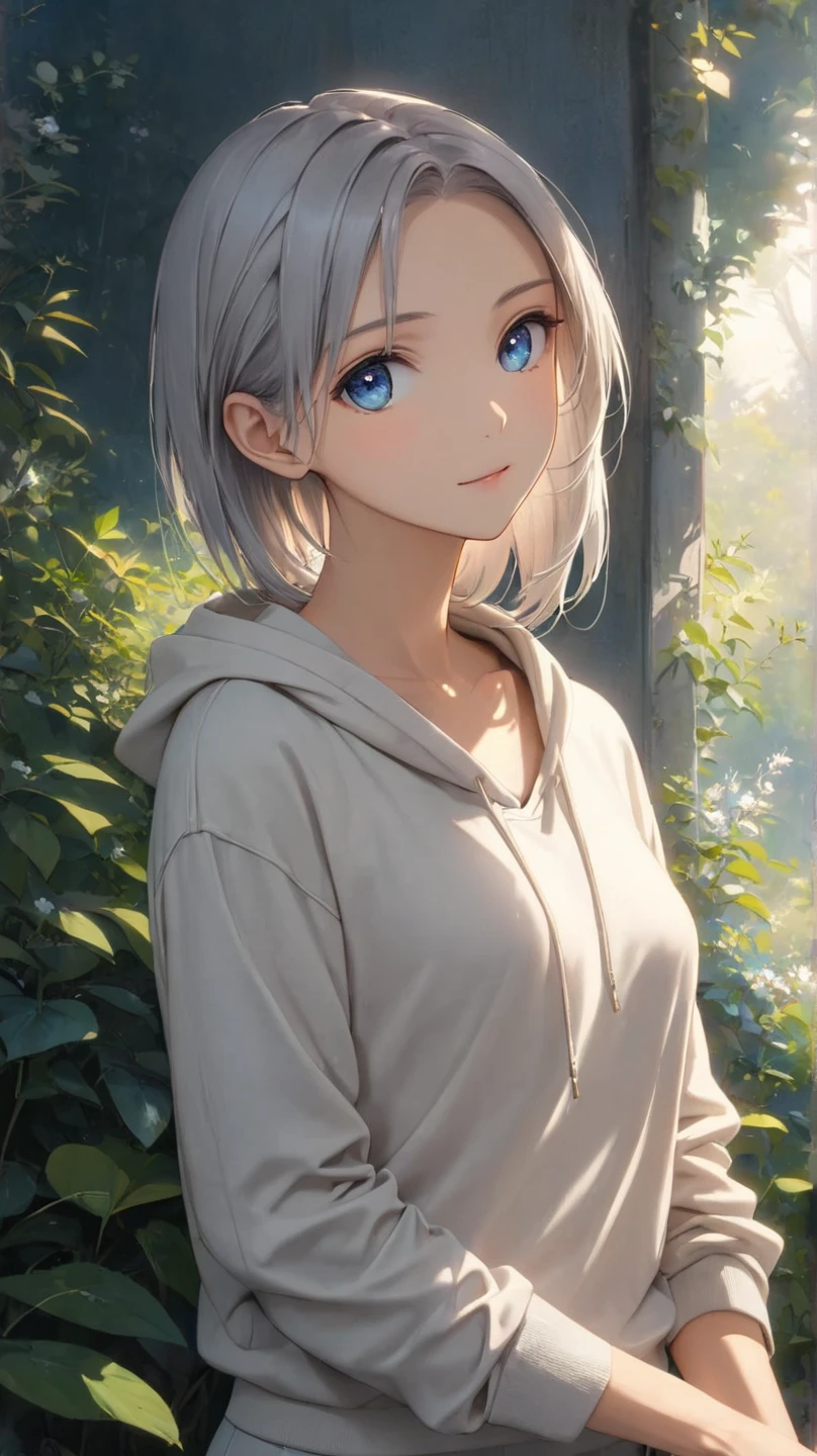 short, slightly tousled light gray hair with a faint bluish tint, sleek and casual hairstyle with soft layers, boyish and androgynous charm, calm and introspective young woman, short textured bangs, layered and tousled long nape, asymmetrical bangs, soft side-swept fringe, modern and minimalistic style, oversized hoodie or casual t-shirt, (relaxed-fit pants:1.7), ethereal and mysterious atmosphere, serene and gentle smile, Best Illumination, cinematic lighting, crisp details, vibrant colors, cute, (beautiful detailed face and eyes:1.3). (cowboy shot:1.7), (full body:0.7), (wide shot:1.3), low angle, natural posing, looking directly at the camera, relaxed expression, (medium breasts:1.3), beautiful body, slim figure, Beautiful breasts, Beautiful clavicle BREAK, (slender hips:1.3), (beauty legs:1.3), (slim thighs:1.3), (fit and toned legs:1.3), long legs, (Long, slender legs:1.3), (forehead:1.1), (parted bangs:1.3),(symmetrical and cute face:1.3), clear and fair skin, (soft and smooth skin:1.3), (beautiful eyes:1.3),  (beautiful face:1.3),