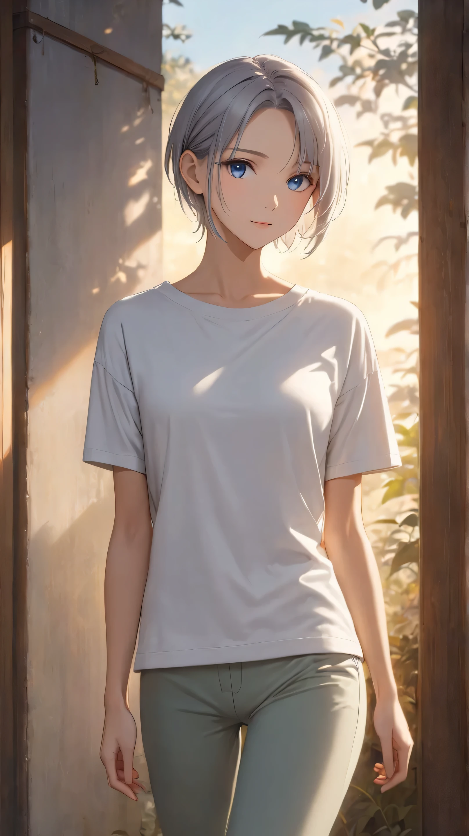 short, slightly tousled light gray hair with a faint bluish tint, sleek and casual hairstyle with soft layers, boyish and androgynous charm, calm and introspective young woman, short textured bangs, layered and tousled long nape, asymmetrical bangs, soft side-swept fringe, modern and minimalistic style, oversized hoodie or casual t-shirt, (relaxed-fit pants:1.7), ethereal and mysterious atmosphere, serene and gentle smile, Best Illumination, cinematic lighting, crisp details, vibrant colors, cute, (beautiful detailed face and eyes:1.3). (cowboy shot:1.7), (full body:0.7), (wide shot:1.3), low angle, natural posing, looking directly at the camera, relaxed expression, (medium breasts:1.3), beautiful body, slim figure, Beautiful breasts, Beautiful clavicle BREAK, (slender hips:1.3), (beauty legs:1.3), (slim thighs:1.3), (fit and toned legs:1.3), long legs, (Long, slender legs:1.3), (forehead:1.1), (parted bangs:1.3),(symmetrical and cute face:1.3), clear and fair skin, (soft and smooth skin:1.3), (beautiful eyes:1.3), (beautiful face:1.3),