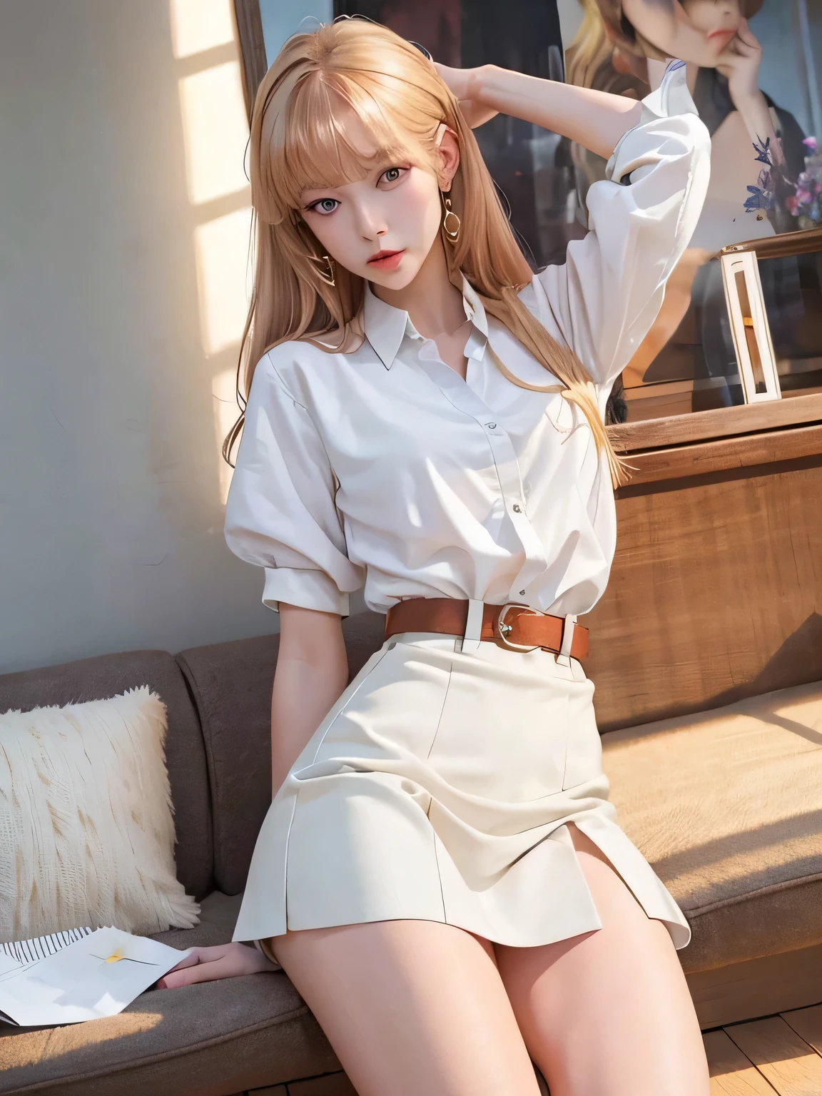 8k wallpaper, Best Quality, Ultra-detailed, masutepiece, Realistic, photographrealistic, extremely detailed cute girl, 18year old, (((Own skirt lift yourself))), (Lift your own skirt yourself), Sexy Panties , panties focus, blush, Parted lips, Looking at Viewer , Half body shot, blonde  hair