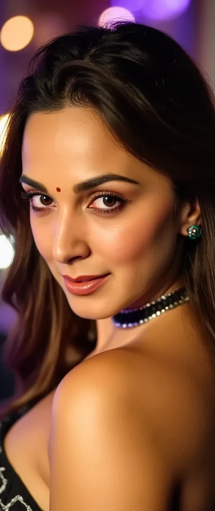 extreme close up High res waist up portrait photo of a woman directly facing the camera with eye-makeup featuring glittery eye-shadow and clear glossy lip-gloss. full body, She is looking at the camera with a slight seductive look. She is wearing a thin string-like black choker and hoop earrings. In the background is a nightclub scene out of focus, 4K, HD