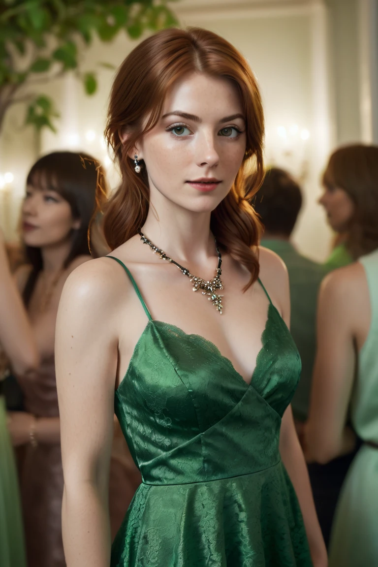 Detailed 5K capture of a gorgeous 29-year-old actress, playful smirk, flowing auburn hair, enchanting emerald eyes, vintage-inspired lace dress, heirloom pearl necklace, classic Hollywood film set, soft diffused lighting, capturing the timeless allure of cinema