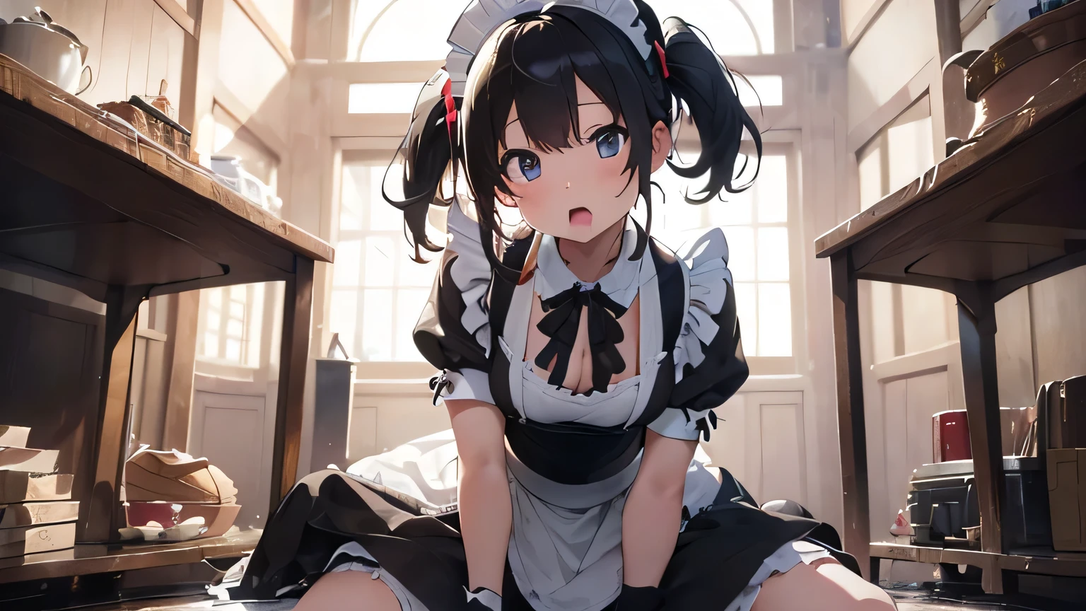 Masterpiece 1.0, Best quality 1.0, FHD1.0, woman , 
change,cute,cute,cute, Hilarious, Kneel, View your viewers, Twin tails, Black Hair,  , Hair Ribbon, Knee socks, ((((((Ruffled clothing)))))), ((((((Off the shoulder)))))), ((((((Unfinished garment)))))), ((((((mini skirt)))))), ((((((Maid)))))), ((((((apron)))))), ((((((Absurd)))))), ((((((cute)))))), ((((((Anime stuff)))))),whole body