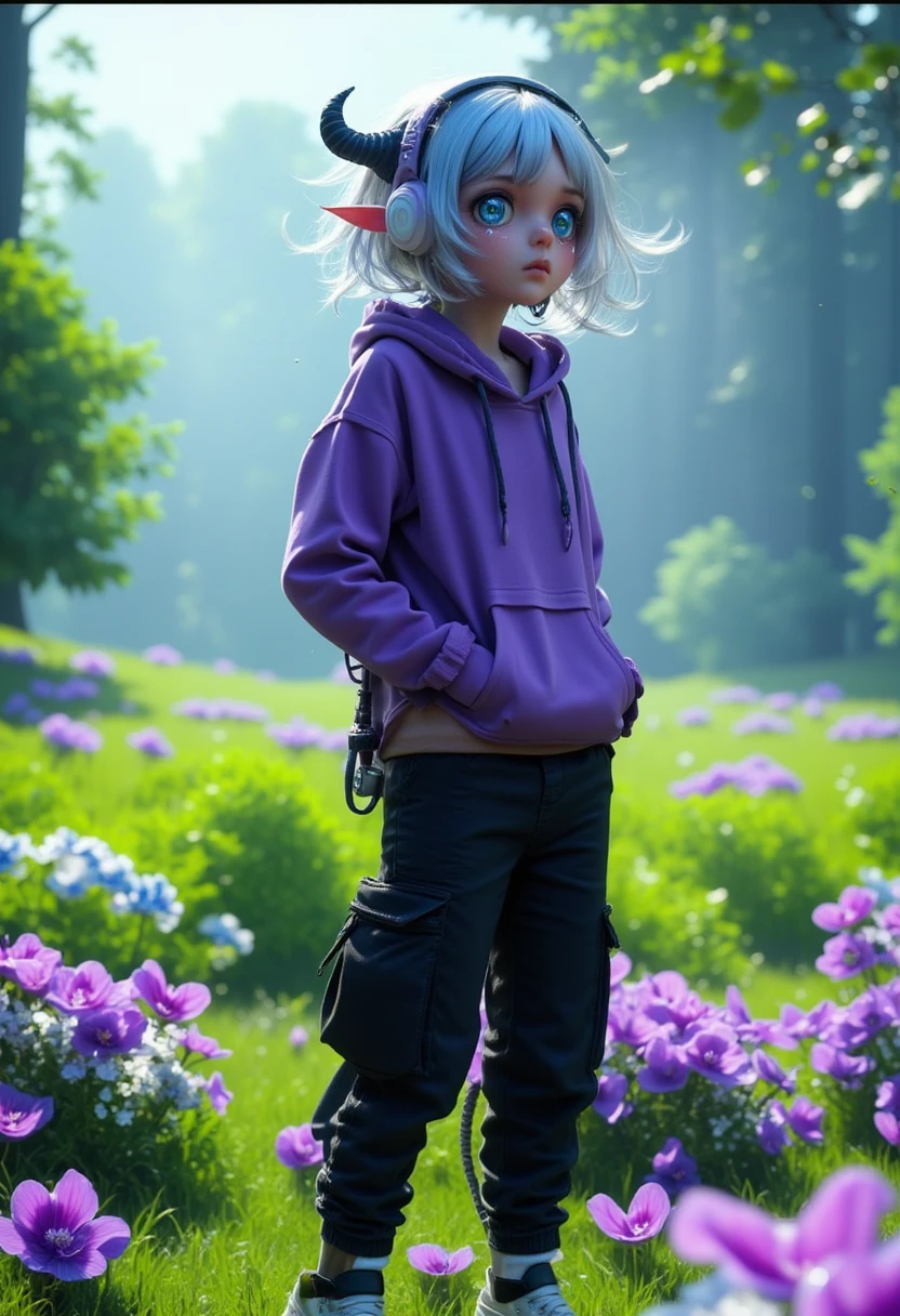 Fille démon de 22 ans, Cheveux bleu et blanc,lentilles en verre, sweat-shirt violet,Tennis blanc, pantalon cargo noir,Écouter de la musique dans un champ vert avec des fleurs violettes et blanches vide 