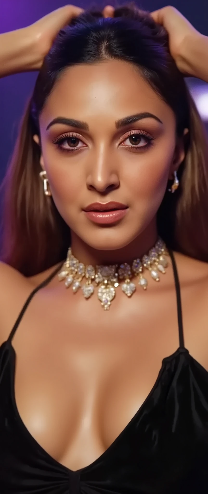 extreme close up High res waist up portrait photo of a woman directly facing the camera with eye-makeup featuring glittery eye-shadow and clear glossy lip-gloss. full body, She is looking at the camera with a slight seductive look. She is wearing a thin string-like black choker and hoop earrings. In the background is a nightclub scene out of focus, 4K, HD