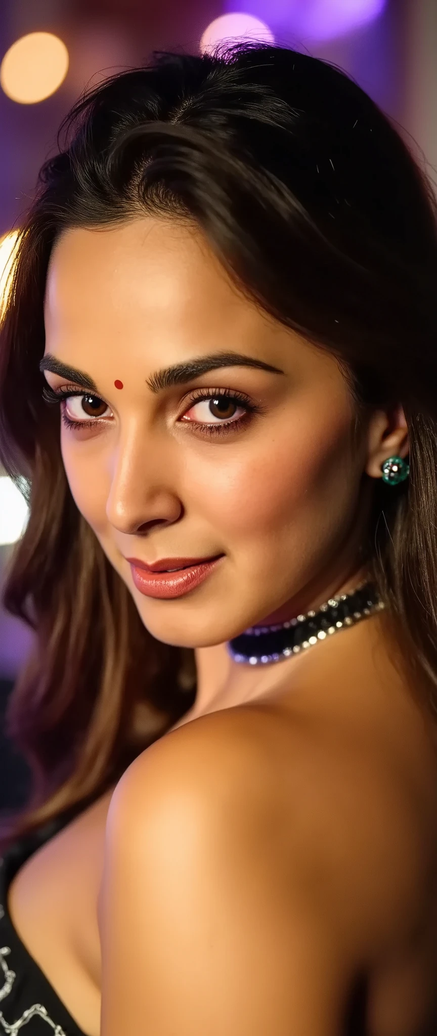 extreme close up High res waist up portrait photo of a woman directly facing the camera with eye-makeup featuring glittery eye-shadow and clear glossy lip-gloss. full body, She is looking at the camera with a slight seductive look. She is wearing a thin string-like black choker and hoop earrings. In the background is a nightclub scene out of focus, 4K, HD