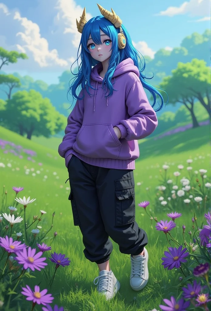 Fille démon de 22 ans, Cheveux bleu et blanc,lentilles en verre, sweat-shirt violet,Tennis blanc, pantalon cargo noir,Écouter de la musique dans un champ vert avec des fleurs violettes et blanches vide 