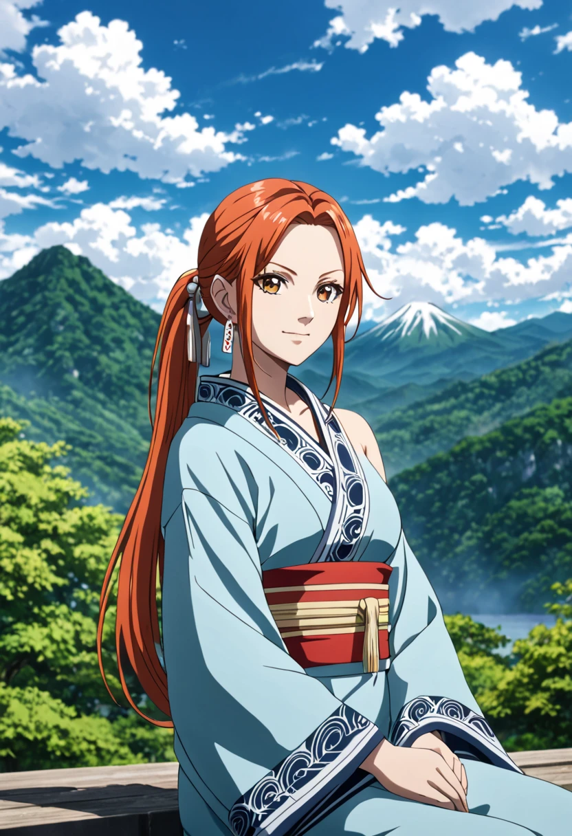 2d, masterpiece, best quality, anime, highly detailed face, highly detailed background, perfect lighting, wano, nami, 1girl, solo, one eye closed, long hair, smile, jewelry, sash, japanese clothes, obi, orange hair, kimono, bow, light blue kimono, flower, flower print, earrings, looking at viewer, sleeveless kimono, ahoge, ribbon, hair bow, sky, day, bracelet, sleeveless, ;\), blue bow, outdoors, breasts, cloud, closed mouth, ponytail, blue sky, brown eyes, orange eyes, left shoulder tattoo, bare shoulders, very long hair, sidelocks, bangs, collarbone, upper body, left arm tattoo, bare arms, official alternate costume, blurry, hand gesture, alternate costume, medium breasts, blurry background, large breasts, eyelashes, mountain, parody, cloudy sky, sitting, shiny hair, bangle, wavy hair, 