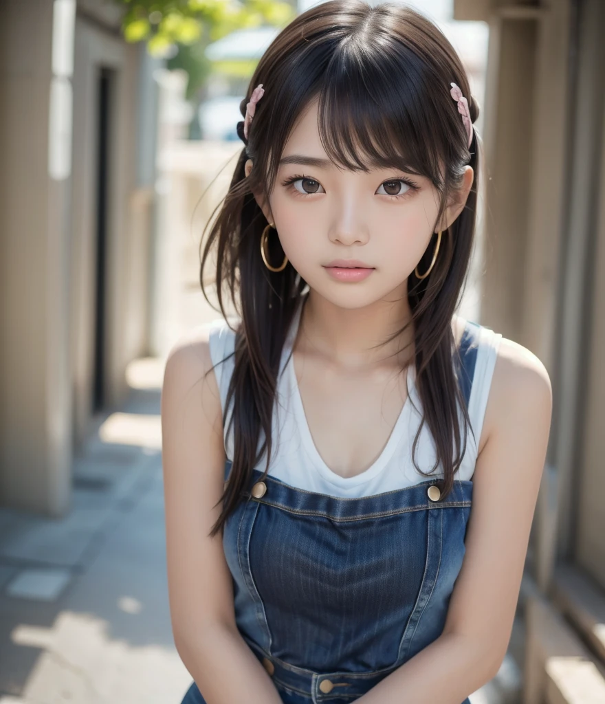  Famous Japanese Super Idol ,  beautiful standing,  Soft and supple Physical Beauty , 15yo,  RAW photos , 8k,  shortcuts ,  black hair, bangs,  shiny hair,  bob hair, Thready hairstyle/hair,  expressive hair ,  golden eyes,  sticks out his tongue ,  big sparkling eyes,  naughty face,  Sparkling Eyes, Mischievous,  Ribbons Hair Accessories,  high definition , masterpiece, accurate,  anatomically correct ,  won many awards , 最 High Quality ,  HD Model,  high detail,  High Quality ,  retina,  Very detailed,  textured skin ,  Ultra High Definition, 16k, Wild Beautiful Girl ,  Denim Sleeveless Jacket ,  pink tank top,  Denim Shorts,  knee-high socks,  Jacket Cuffs Left Cut