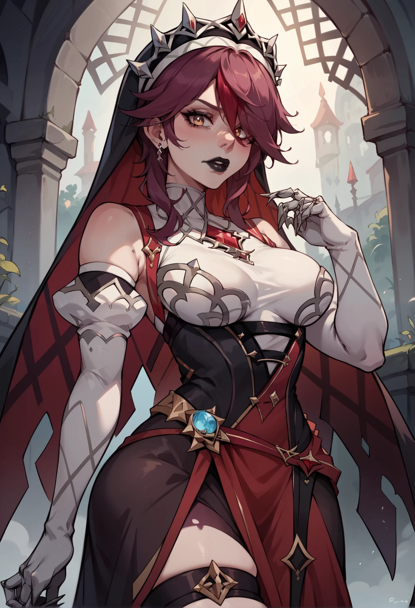 Red Fox,shaggy,Bigchest,A princess,dark red colored hair,,Slim,Little red vest,royal garb,tiara crown,Medieval architectural background,black and gold trim jacket,Succubus tattoo_On the stomach,gold silk skirt,shorter pants