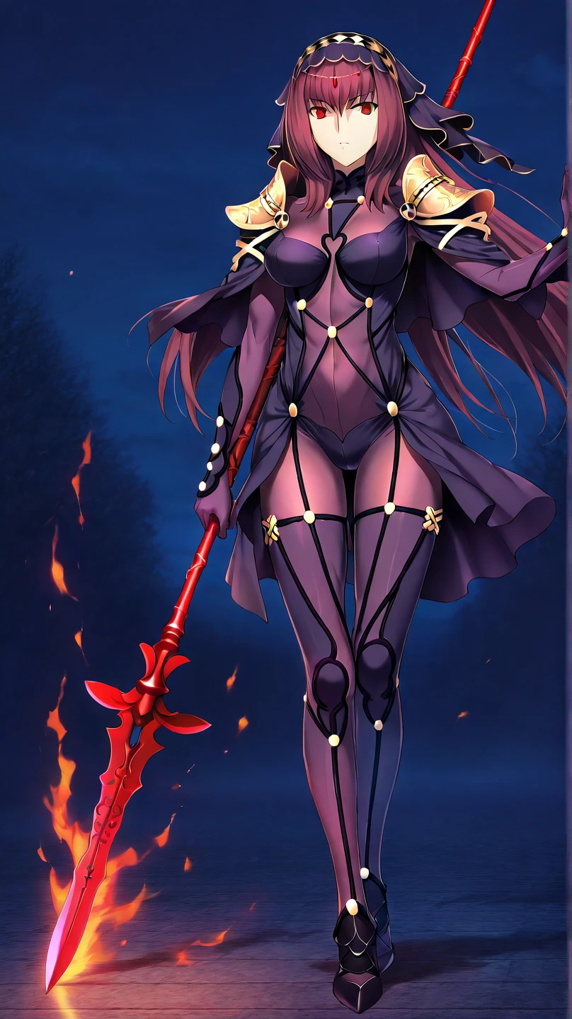 high resolution, masterpiece, necessary, detail, best quality, quality, necessary, tall details, High details, Precise, full body, General plan

 1girl, alone, linda,  Costume, ufotable style, ufotable anime,

sky on fire, dark,

Scathach, scathach Fate Grand Order, fate,  Fate Grand Order, long hair, tight suit red, eyes, red spear
