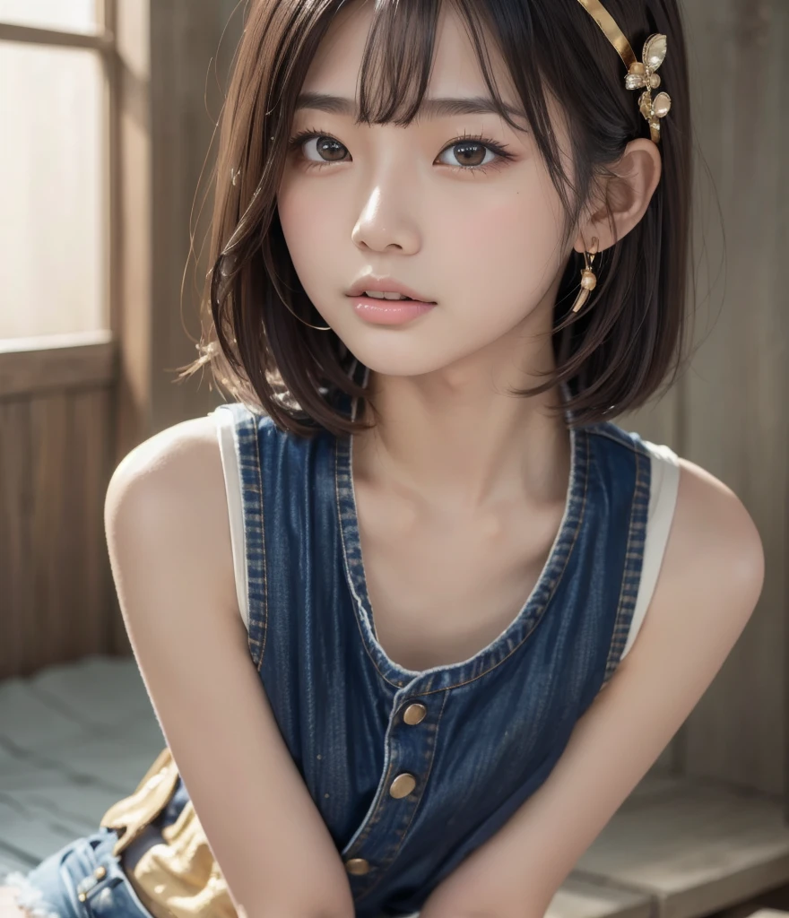  Famous Japanese Super Idol ,  beautiful standing,  Soft and supple Physical Beauty , 15yo,  RAW photos , 8k,  shortcuts ,  black hair, bangs,  shiny hair,  bob hair, Thready hairstyle/hair,  expressive hair ,  golden eyes,  sticks out his tongue ,  big sparkling eyes,  naughty face,  Sparkling Eyes, Mischievous,  Ribbons Hair Accessories,  high definition , masterpiece, accurate,  anatomically correct ,  won many awards , 最 High Quality ,  HD Model,  high detail,  High Quality ,  retina,  Very detailed,  textured skin ,  Ultra High Definition, 16k, Wild Beautiful Girl ,  Denim Sleeveless Jacket ,  pink tank top,  Denim Shorts,  knee-high socks,  Jacket Cuffs Left Cut