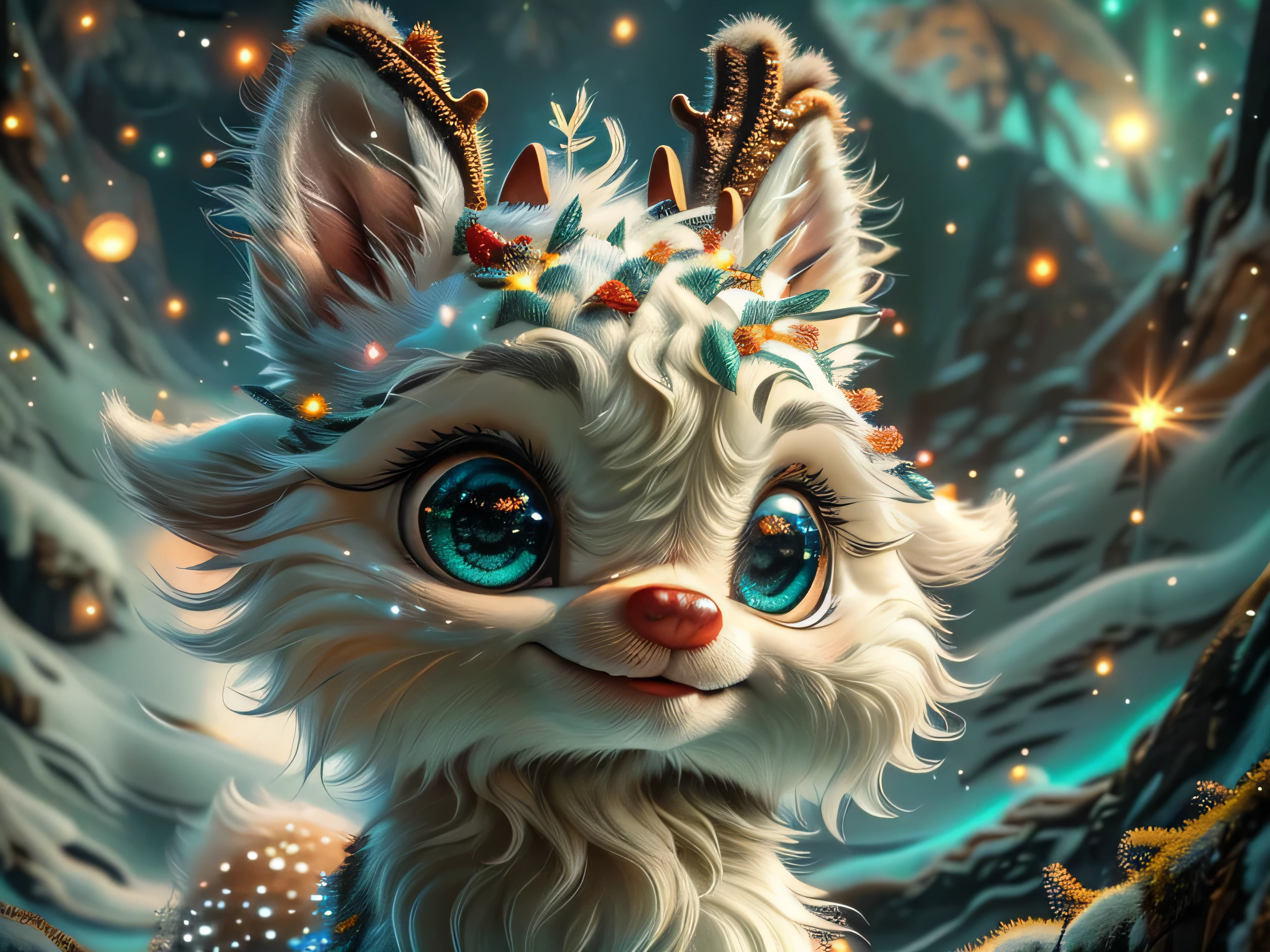 Magical Fantasy Creature, (Best Quality, Masterpiece, Representative Work, Official Art, Professional, Super Detailed, 8k:1.3), (Photorealism:1.2) Super Cute, Big Eyes, Soft, Soft Nose, Fluffy, Double-Toothed Smile, Aurorastyle, Highly detailed Dynamic shot of majestic adorable reindeer, high quality, beautiful masterpiece, fantasy creature, kawaii, digital art, glowing sparkles, Realistic, Beautiful, Stars in Eyes, Soft Volumetric Light, (Backlight:1.3), (Cinematic:1.2), Intricate Details, (ArtStation:1.3), --auto --s2