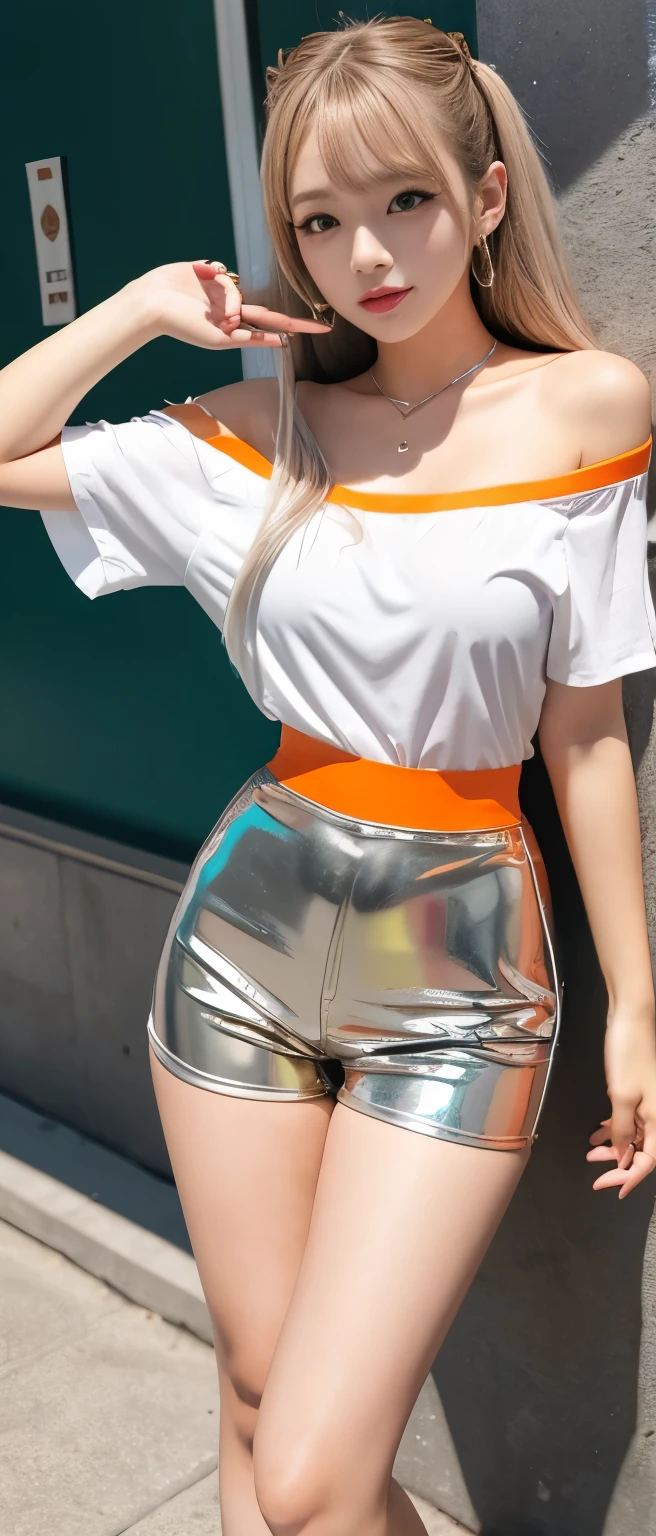  Cool Idol Girl 、、Thick legs、、 off-shoulder shirt with long silver hair、latex tight shorts（Shiny Orange）　Good style、A pure girl&#39;s face、Cool Belt