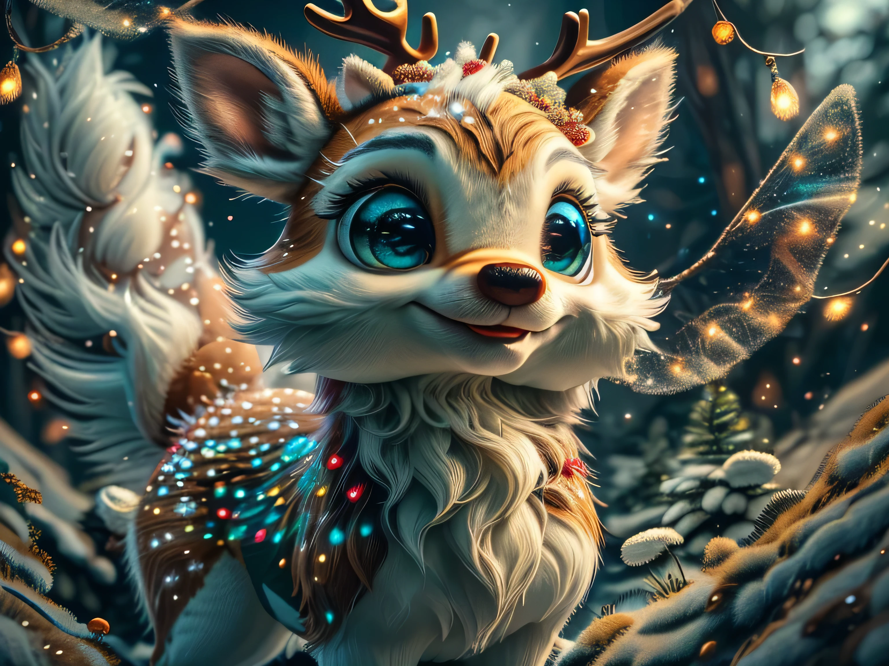 Magical Fantasy Creature, (Best Quality, Masterpiece, Representative Work, Official Art, Professional, Super Detailed, 8k:1.3), (Photorealism:1.2) Super Cute, Big Eyes, Soft, Soft Nose, Fluffy, Double-Toothed Smile, Aurorastyle, Highly detailed Dynamic shot of majestic adorable baby reindeer, high quality, beautiful masterpiece, fantasy creature, kawaii, digital art, glowing sparkles, Realistic, Beautiful, Stars in Eyes, Soft Volumetric Light, (Backlight:1.3), (Cinematic:1.2), Intricate Details, (ArtStation:1.3), --auto --s2