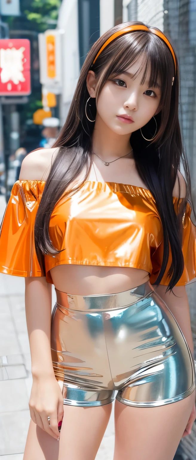  Cool Idol Girl 、、Thick legs、、 off-shoulder shirt with long silver hair、latex tight shorts（Shiny Orange）　Good style、A pure girl&#39;s face、Cool Belt