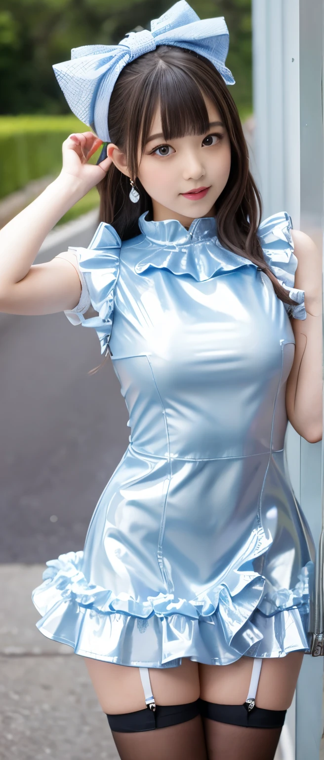  Cool Idol Girl 、、Thick legs、、cute latex ruffle dress（Silver）　Good style、A pure girl&#39;s face、Cool Belt