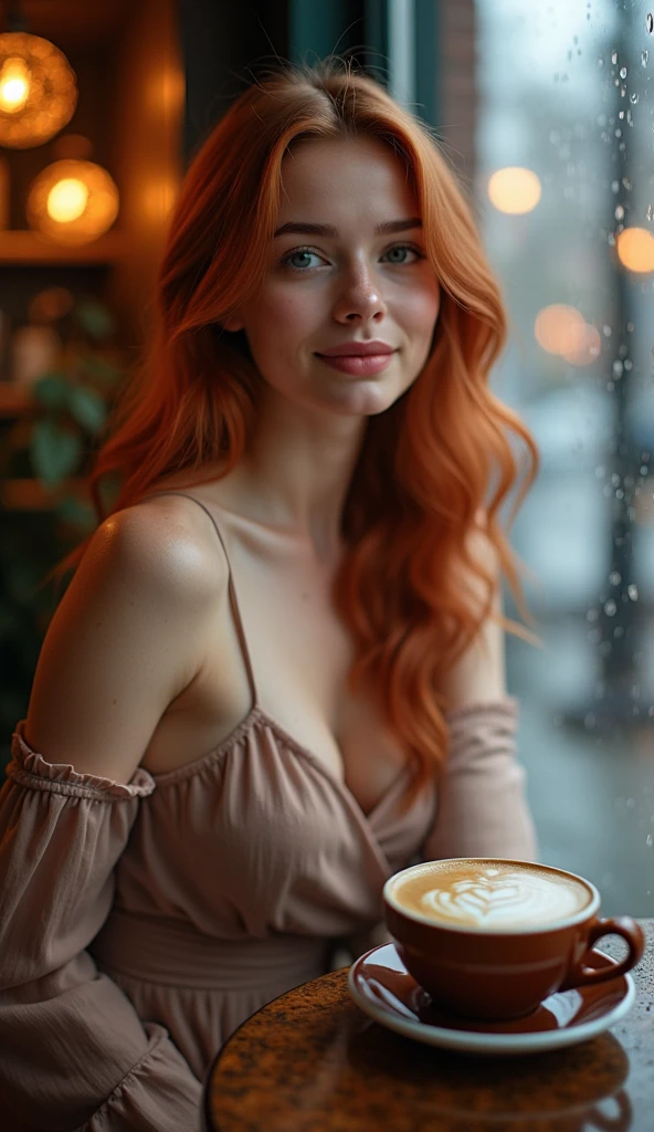 beautiful red-haired woman with gray eyes, she is sitting on a terrace of a New York cafe, a cup of coffee is placed on the table, elle regarde autour d'elle