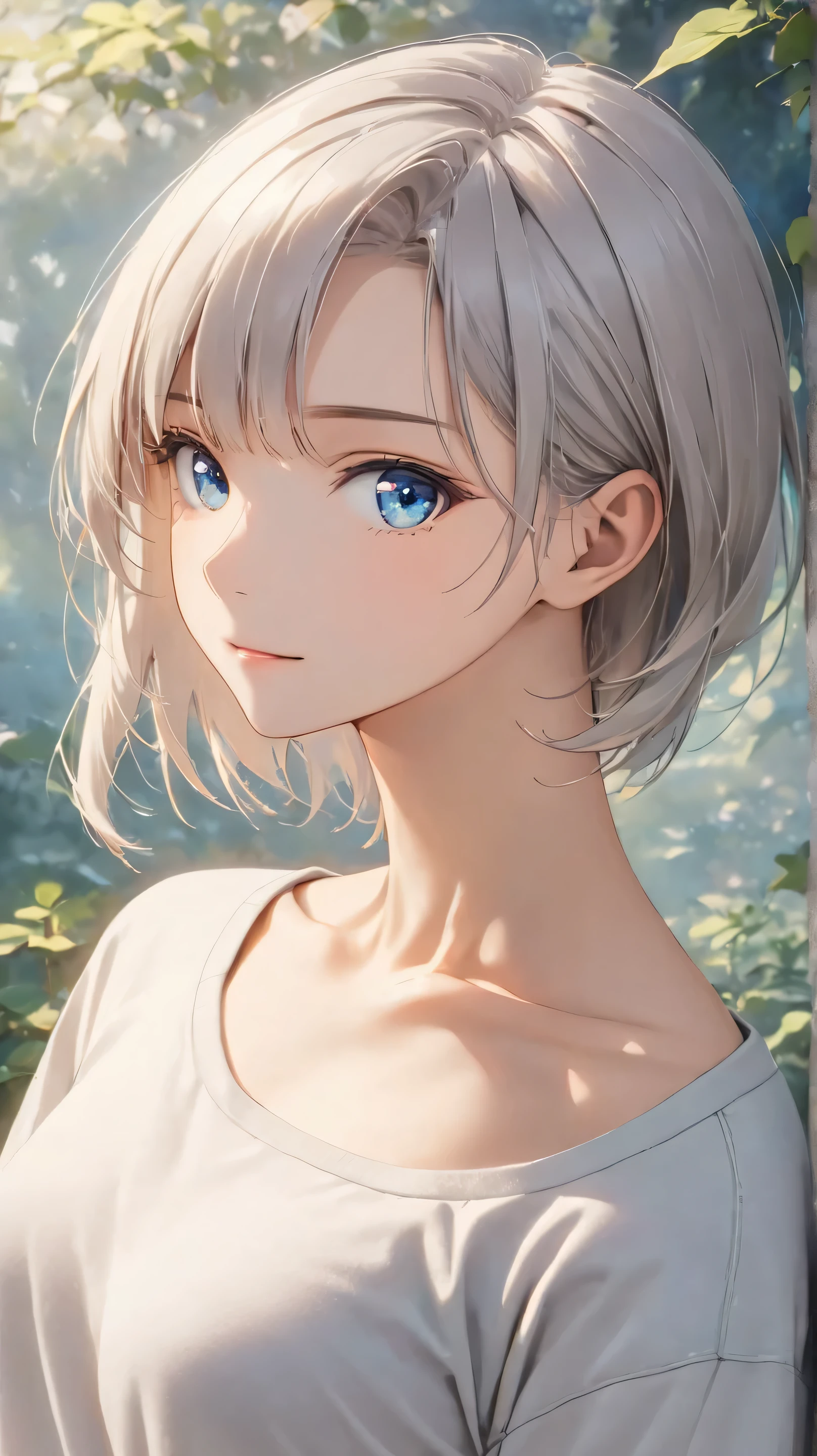 short, slightly tousled light gray hair with a faint bluish tint, sleek and casual hairstyle with soft layers, (boyish and androgynous charm:1.3), calm and introspective young woman, short textured bangs, layered and tousled long nape, asymmetrical bangs, soft side-swept fringe, modern and minimalistic style, oversized hoodie or casual t-shirt, (relaxed-fit pants:1.7), ethereal and mysterious atmosphere, serene and gentle smile, Best Illumination, cinematic lighting, crisp details, vibrant colors, cute, (beautiful detailed face and eyes:1.3). (face shot:1.7), low angle, natural posing, looking directly at the camera, relaxed expression, (medium breasts:1.3), beautiful body, slim figure, Beautiful breasts, Beautiful clavicle, BREAK, (slender hips:1.3), (beauty legs:1.3), (slim thighs:1.3), (fit and toned legs:1.3), long legs, (Long, slender legs:1.3), (forehead:1.1), (parted bangs:1.3),(symmetrical and cute face:1.3), clear and fair skin, (soft and smooth skin:1.3), (beautiful eyes:1.3),  (beautiful face:1.3), (Mature appearance:1.5)