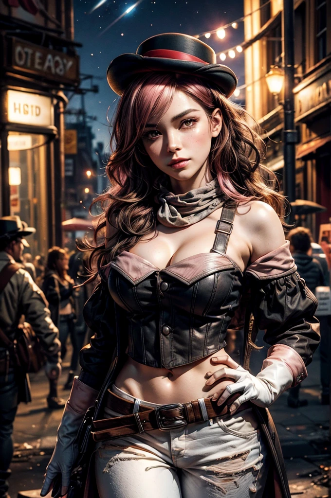 One girl,Cowboy Shot, Beautiful Nora_Valkyrie, View your viewers, smile, short hair, blue eyes,Heart Cutout, gloves,  Jacket, Pink Skirt, Pink Belt, Short sleeve, Puff sleeves, Wrist Seal, fingerless gloves, Orange Hair, pink gloves, Dynamic pose, night, Outdoor, city, (Volumetric lighting), Highest quality, masterpiece, Intricate details, Tone Mapping, Sharp focus, Super detailed, Trending on Art Station,