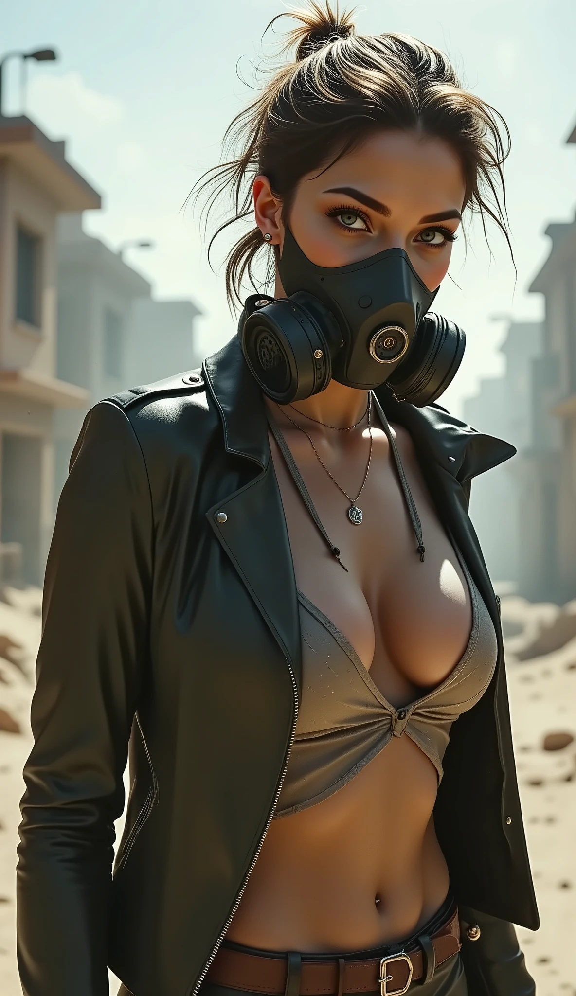 A 35-year-old woman in a post-apocalyptic environment., Using a gas mask,  with big breasts ,  Wearing belt , leather,  messy hair,   beautiful eyes of God  , Alone,  hyperrealistic, 8K,  cinematographic lighting ,  dramatic atmosphere ,  very detailed,  photorealistic ,  intricate details , melancholic color palette, sandy, dystopian