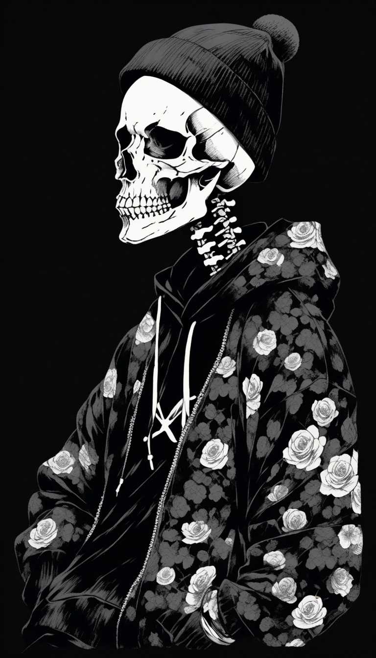 Manga style:1.5,  masterpiece, ((  ultra detailed background  ,  intricate details  )),  better quality,  intricate details  ,  chromatic aberration , Women, 20 years,  looking at the viewer ,  black hair,  bangs over an eye  ,  black t-shirt  , Skull pattern  , short sleeve,  sitting on the floor , mask, tattoo with an X-shaped eye pencil on the cheek, Spiked bracelets ,  spiked necklace  ,  black pants , pale skin,  black lipstick ,